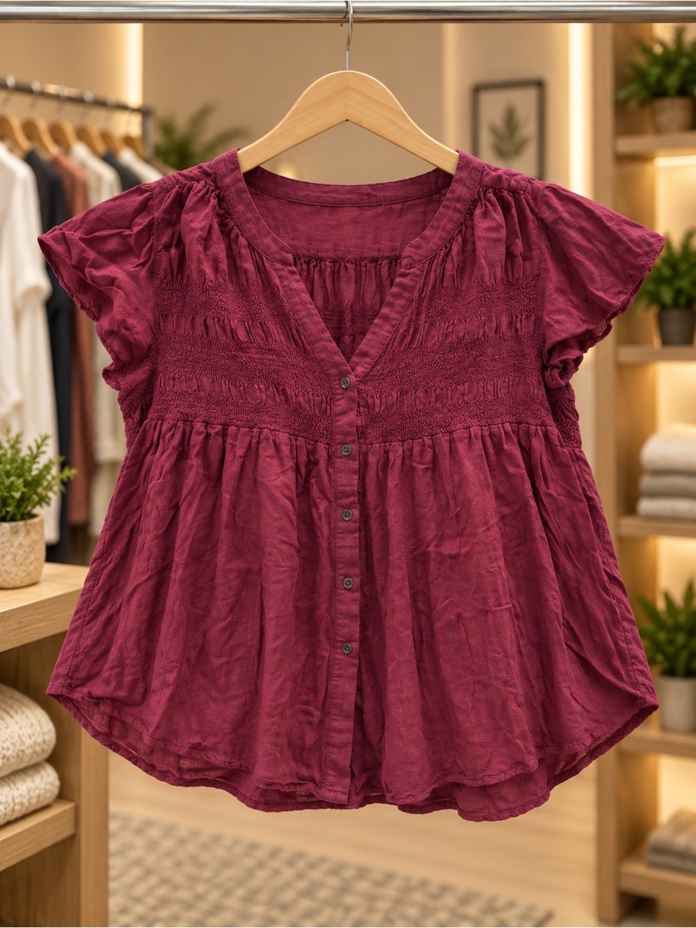 Knox Rose Magenta Button-Front Smocked Peasant Top